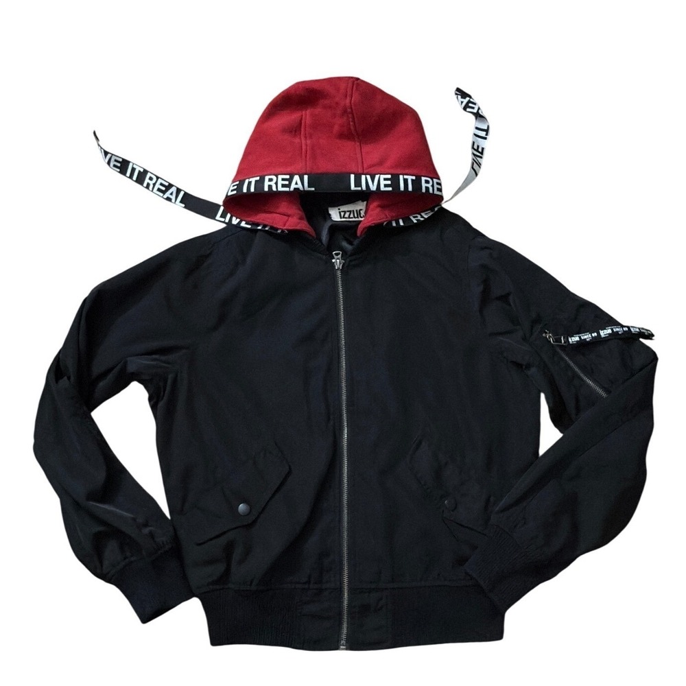 Izzue Live It Real Hooded Bomber Jacket Black Red XS‎ Gorpcore Streetwear zz02